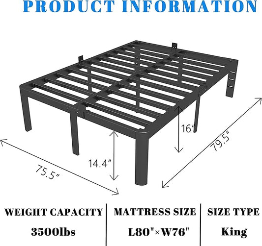 16 Inch Black King Size Bed Frame, Metal King Platform Bed Frame with Baffles, No Box Spring Needed, Heavy Duty Steel Support, Round Corner Design, Storage Space, Reserved Holes, Noiseless