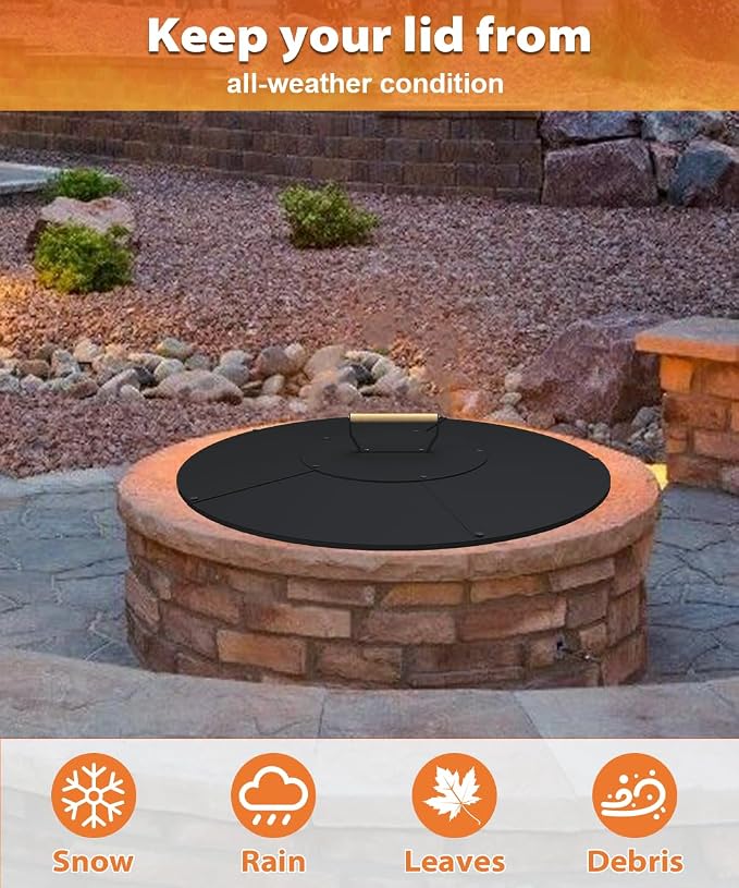 28" Wooden-Handle Fire Pit Lid for Pits up to 26", Round Metal Bonfire Pit Burner Pan Cover, Smokeless Fire Pit Cover for Fire Tables, All-Weather Resistance Outdoor Firepit Accessory