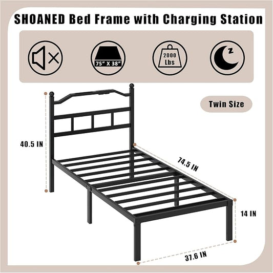 SHOANED Twin Size Bed Frame - 14 Inch Metal Heavy Duty Bedframe with Charging Station Black Basic Steel Slats Platform with Headboard No Box Spring Needed/Easy Assembly