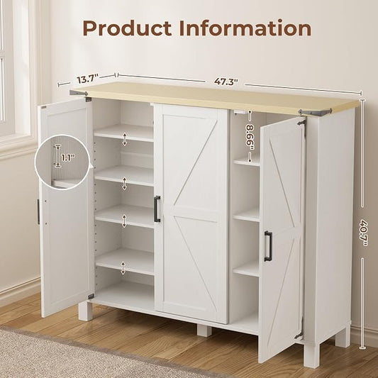 5-Tier Shoe Storage Cabinet, Farmhouse Shoe Rack Organizer Cabinet with 4 Adjustable Shelves & Side Cabinets, Freestanding Shoe Cabinet Storage with Anti-tip Fitting for Entryway, 47.3L×13.7W×40.7H