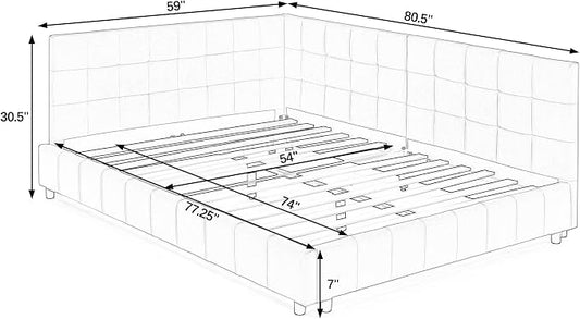 Bellemave Full Size Corner Bed Frame with Comfortable Backrest and Armrests, Velvet Tufted Corner Bed Frame Full Size, Upholstered Daybed for Bedroom, Living Room, Guest Room, Pink