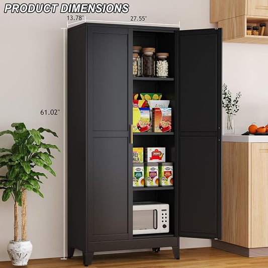 Winiowa Metal Pantry Cabinet with 2 Doors and Adjustable Shelves, 61"Kitchen Storage Cabinet with Gold Handles, Versatile Storage for Laundry, Living, Bathroom, Dining, Utility Room - Black