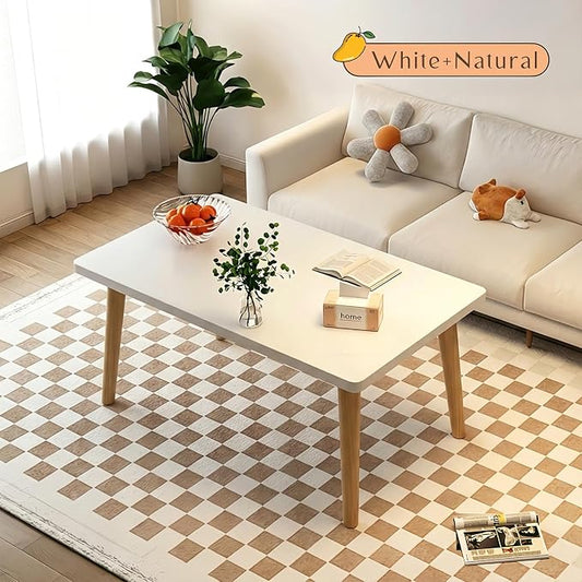 Square Coffee Table Low Table with 4 Solid Wood Sturdy Legs,Floor Table Desk for Sitting on The Floor,19.7"D x 31.5"W x 16"H Inches,Living Room/Toy room Furniture,Rental house Furniture (White-Square)