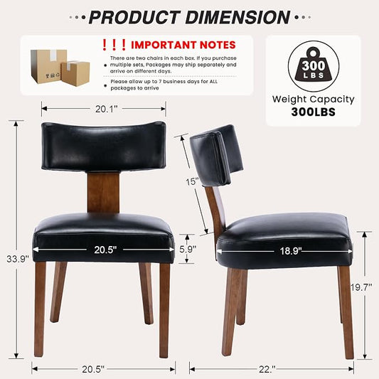 HNY Mid Century Modern Dining Chairs Set of 2, Farmhouse PU Leather Upholstered Accent Chair Curved Backrest Kitchen Chairs, with Hardwood Frame, Black