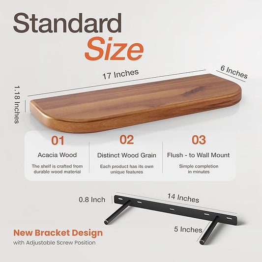 BATODA 17" Acacia Wood Floating Shelves Wall Mounted (Round Edge) – Rustic Farmhouse Wooden Wall Storage Shelf for Bedroom, Kitchen - Brackets and Shelving Hardware Included (Acacia Color)