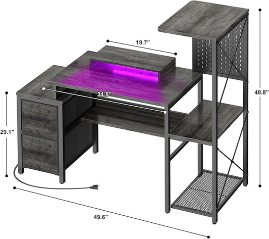 Small Gaming Desk with 2 Fabric Drawers - Reversible Computer Desk with Power Outlet & LED Lights, 49" Office Desk with Monitor Stand & Storage Shelves, Writing Study Table with Pegboard, Grey Oak