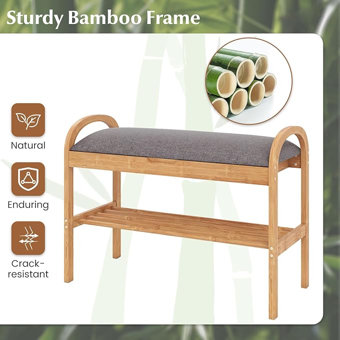 Giantex Shoe Bench with Flip-Top Storage, Bamboo 2-Tier Entryway Bench with Padded Cushion, Shoe Rack Bench for Hallway, Closet, Foyer, Living Room, Bedroom, Mudroom (with Flip-Top Storage)