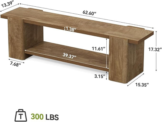 LITTLE TREE Wood Entryway Bench, 63" End of Bed Bench with Storage Shelf, Farmhouse Extra Long Shoe Bench for Entryway, Dining Room, Hallway, Living Room, Bedroom, Double-Reinforced Legs, Natural Oak