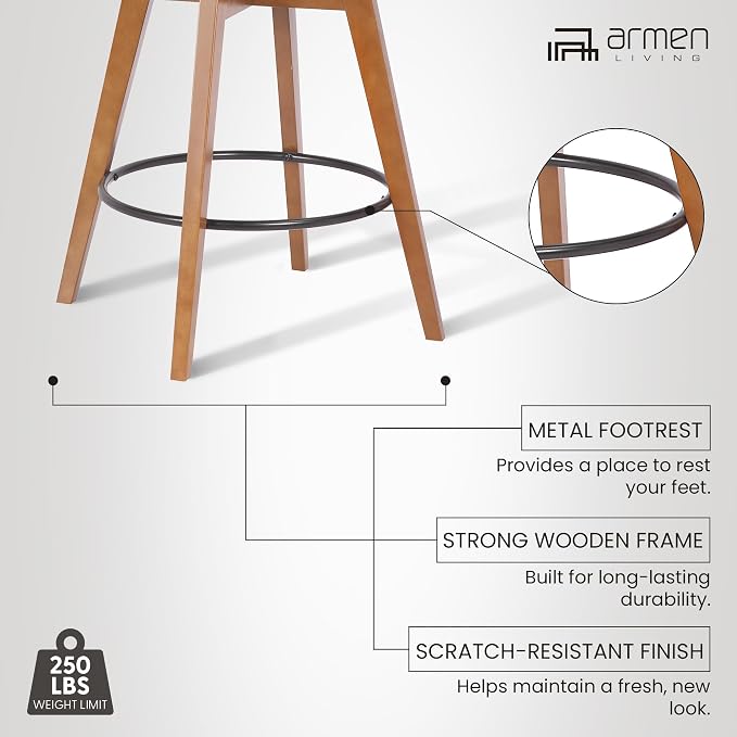 Armen Living Baylor Mid Century Modern Swivel Bar Stool for Kitchen Island Counter in Gray Faux Leather and Walnut Wood, 26" Seat Height