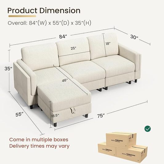 KKL Modular Sectional Sofa Bed with Storage Ottoman, Convertible L/U-Shaped Sleeper Couch for Living Room, Modern Reversible Design (Beige, 4 Seat L Shape)