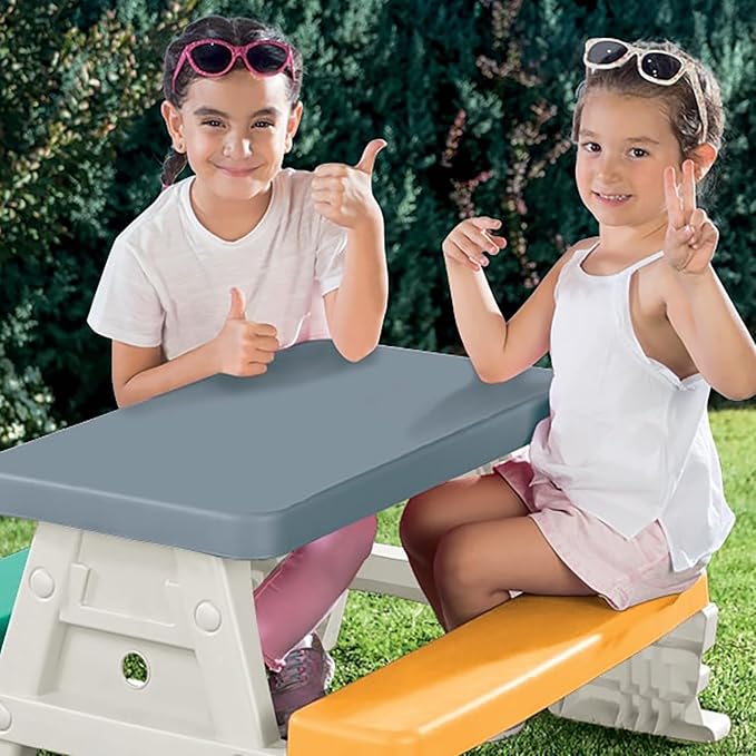 DOLU: Picnic Table for 4: White, Green, Yellow - Indoor/Outdoor, Bench Seating, Durable Waterproof Plastic Toy, 30.3 x 28 x 17, Toddler Kids Age 2+