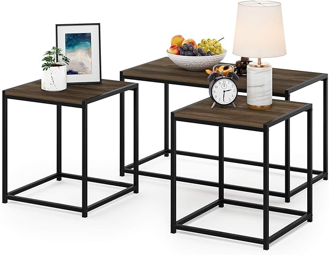 Furinno Camus Modern Living Room Coffee Table with 2 End Tables Set, Columbia Walnut