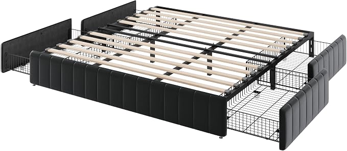 Allewie King Size Platform Bed Frame with 4 Large Storage Drawers, Velvet Vertical Channel Tufted Upholstered Bed Base, Wooden Slats Support, Noise-Free, No Box Spring Needed, Easy Assembly, Black