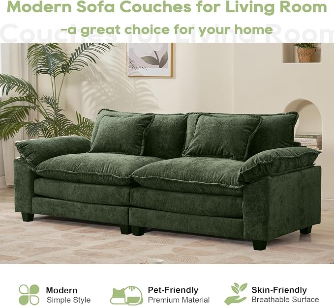 Oprisen 86" Modular Sectional Sofa, Comfy Cloud Couch Sectional Sofa, Chenille Sofa Sleeper Deep Seat Sofa with Throw Pillows for Living Room (Green, 86"- Loveseat)