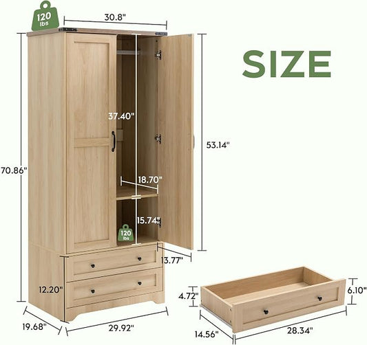 Yechen 71" Wooden Armoire Wardrobe Closet Set of 2- Modern Functional Clothes Tall Storage Cabinet with Adjustable Shelf and Hanging Rail, Sturdy Freestanding Closet with 2 Wide Drawers (Natural)