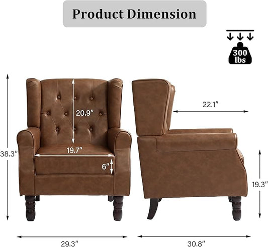 Faux Leather Wingback Chairs Set of 2, High Back Accent Chair for Living Room, Button-Tufted Upholstered Armchair with Solid Wood Legs, Comfy Reading Chair for Bedroom, Brown
