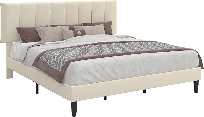 VECELO King Size Bed Frame with Upholstered Headboard, Heavy-Duty Bedframe with Strong Wooden Slats Support, No Boxing Spring Needed, Pale Beige