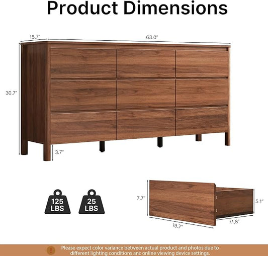 MAISONARIA Walnut 3-Piece Dresser Bedroom Set, 9 Drawers Dresser & 3 Drawer Nightstands with Hidden Handles, Wood Chest of Drawers for Bedroom, Living Room, Entryway