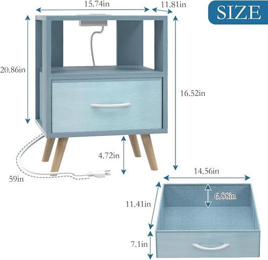 Huhote Kids Nightstand, 2-Tier Night Stand with Charging Station and Drawer, Modern Side Table for Bedroom, Study Room, Small Spaces, Blue