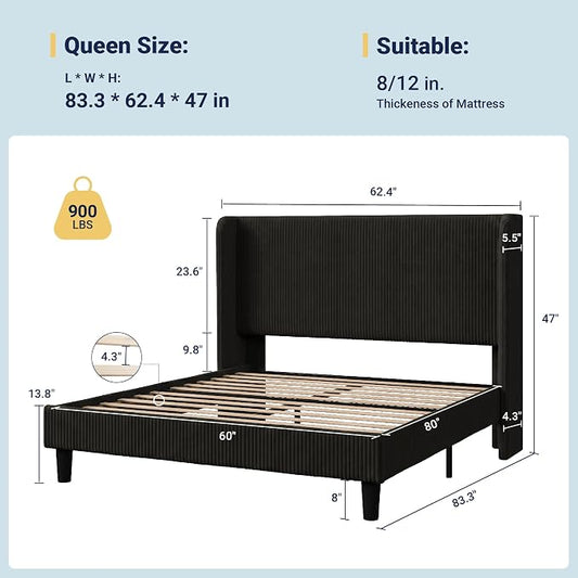 Allewie Queen Size Bed Frame with Upholstered Wingback Headboard, Vertical Channel Tufted Corduroy Velvet Platform Bed, Strong Wooden Slats Support, No Box Spring Needed, Easy Assembly, Sturdy, Black