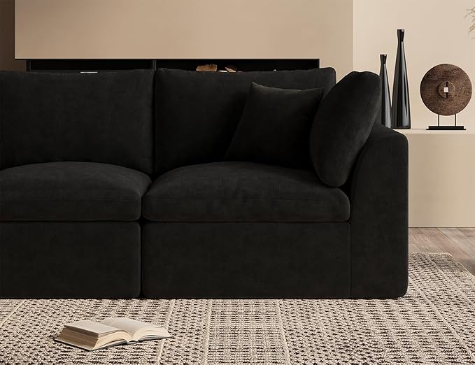 ohllob 110" U Shaped Couch, Cloud Sectional Couches for Living Room, Boneless Couch with Ottoman, 3 Seater Modular Sectional Sofa, Black