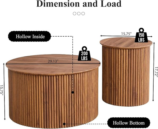 Fluted Round Nesting Coffee Table Set of 2, Mid Century Modern Wood Coffee Tables and End Table Set, Circle Side Table Minimalist Center Tables for Living Room, Office(Walnut)