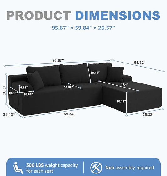 Hobestluk Modular Sectional Sofa Couches L-Shape Couch 3 Seat Modular Sofa Memory Foam Sectional Couches for Living Room, Cloud Couch with Oversized Chaise (Black Smooth, 108", Right Hand Facing)