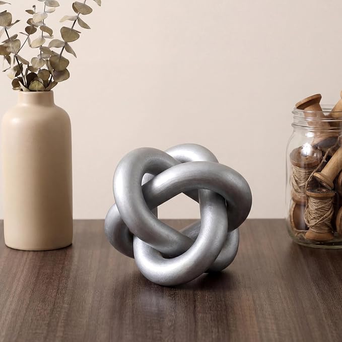 Yalikop 3 Link Wood Knot Decor Rustic Home Décor Accents Hand Carved Coffee Table Decoration, Boho Chain Link Decoration, Modern Shelf, Rustic Objects for Home Living Room Bedroom (Silver)