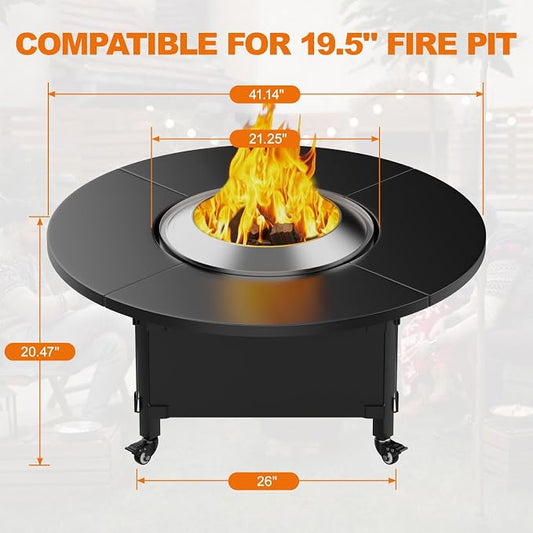 Fire Pit Surround Tabletop for Solo Stove Bonfire,Foldable Surround Table with Wheels for Safety & Easy Clean,42" Powder-Coated Steel Wood Burning Stove Surround Table Top,Accessories for Solo Stove