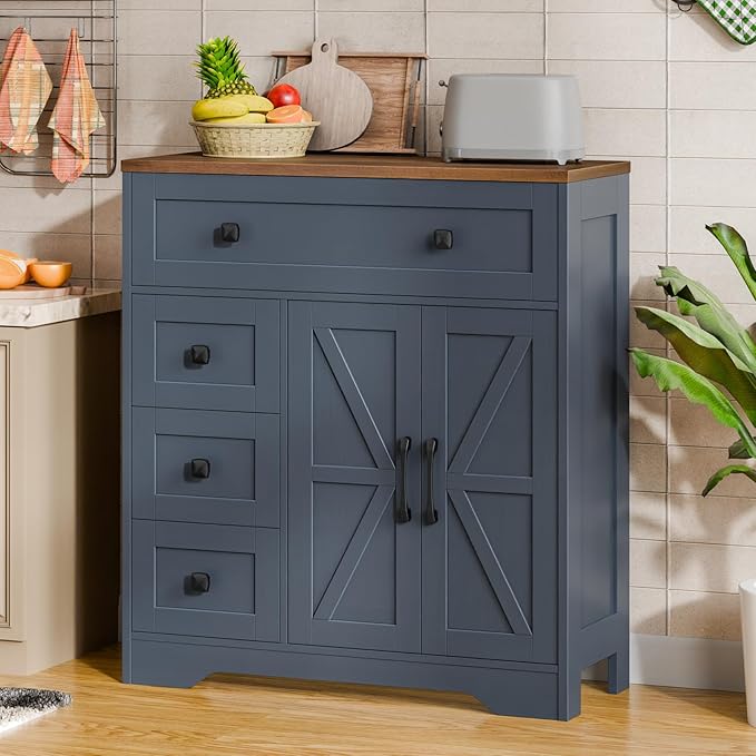 Vabches Farmhouse Storage Cabinet with 2 Doors and 4 Drawers, Freestanding Bathroom Storage Cabinet Kitchen Pantry, Floor Hutch Cupboard for Living Room/Bathroom/Kitchen,Blue