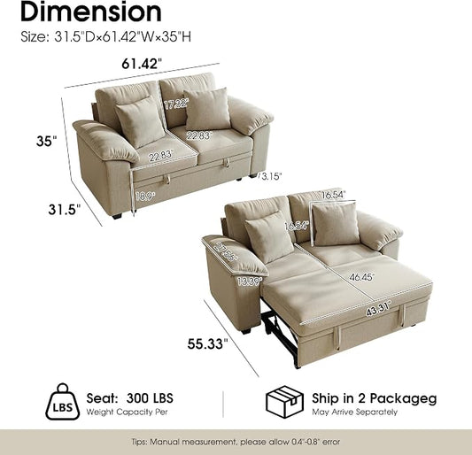 WorthFurni 61” Pull Out Couch, 2 in 1 Sleeper Sofa Bed with Throw Pillow, Convertible Small Loveseat Sleeper Couch for Living Room, Bedroom, Apartment (Sand)