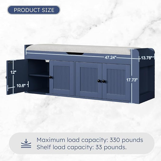 47.2" Storage Bench - Entryway Shoe Bench with Side Storage Shelves and 4 Doors, Multifunctional Entryway Bench with Lift Top Cushion, Shoe Storage Bench for Bedroom, Living Room, Navy Blue