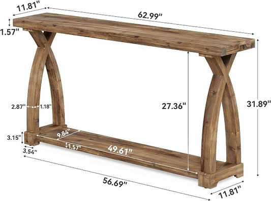 Solid Wood Console Table for Entryway, 63-Inch Narrow Farmhouse Couch Table Behind Sofa with 2-Tier Storage for Entrance, Foyer, Living Room, Long, Rustic Brown