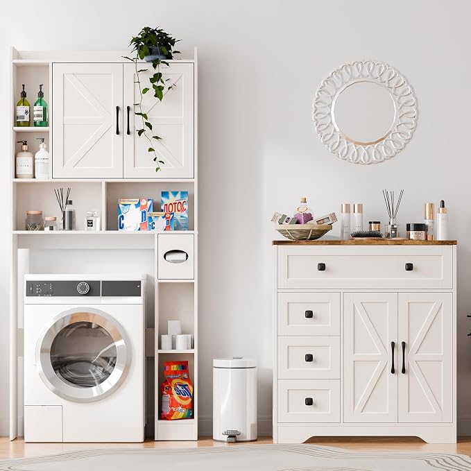 Vabches Farmhouse Storage Cabinet with 2 Doors and 4 Drawers, Freestanding Bathroom Storage Cabinet Kitchen Pantry, Floor Hutch Cupboard for Living Room/Bathroom/Kitchen.(Antique White