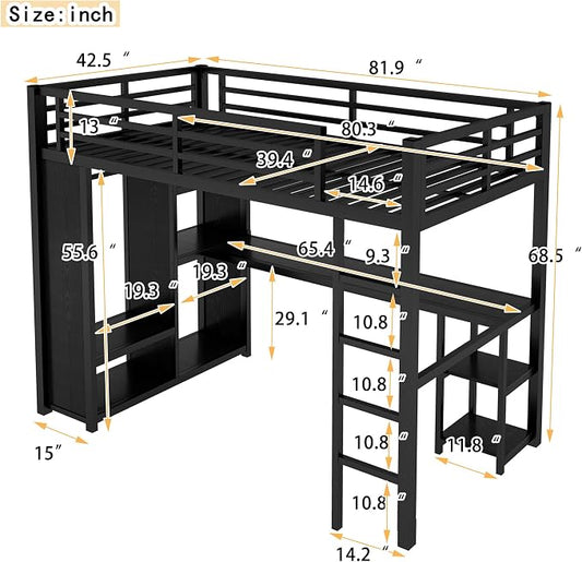 Bellemave Twin XL Loft Bed with Desk, Wardrobe, Metal Twin XL Loft Bed Frame for Adults, Kids, Teens, Black