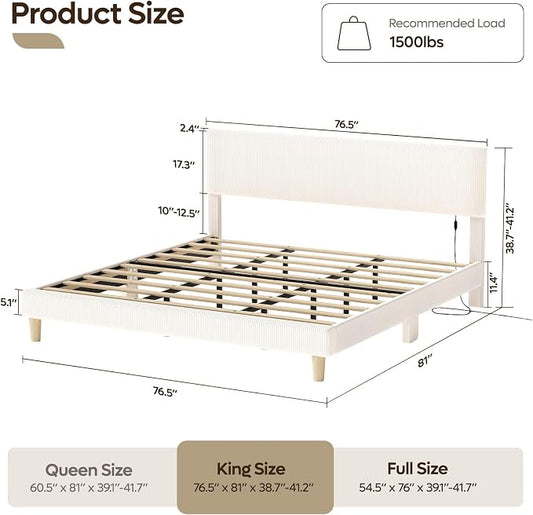 Bestier King Size Bed Frame with Headboard LED Lighting,Upholstered,Beige | Easy Assembly,LED Lighting Headboard,No Squeaks,Vertical Channel Corduroy Upholstered,Wood Slats Support,No Box Spring Needed