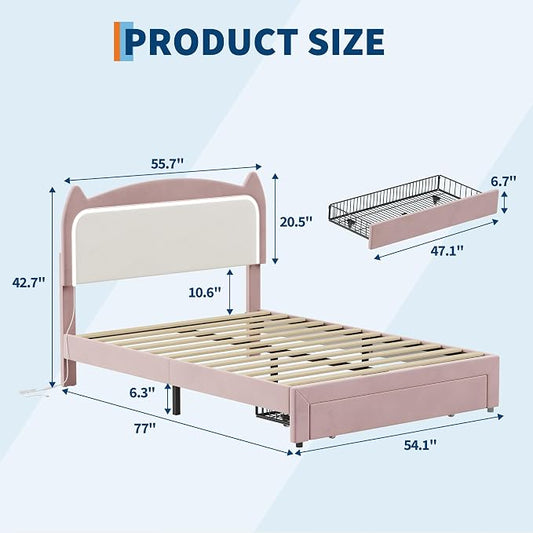 Garvee Full Upholstered LED Bed Frame with Storage Drawer & Cute Cat Headboard, Velvet Princess Platform Bed Frame with Sturdy Wood Slats Support for Girls/Kids, No Box Spring Needed, Pink