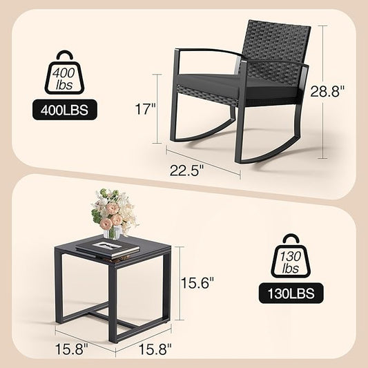 Qsun 3 Pieces Patio Furniture Set Rocking Bistro Set, Outdoor Patio Furniture Set with Coffee Table for Garden Balcony Backyard Poolside (Black Cushion)