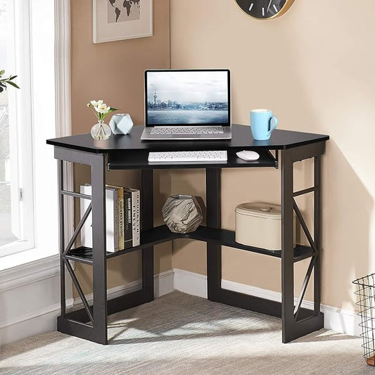 VECELO Corner Computer Desk 41 x 30 inches with Smooth Keyboard & Storage Shelves for Home Office Workstation, Black