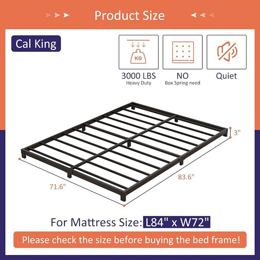 Nailsong 3 inch Cal King Bed Frame Low Profile, California King Bed Frames No Box Spring Needed, Heavy Duty Metal, Easy Assembly, Black