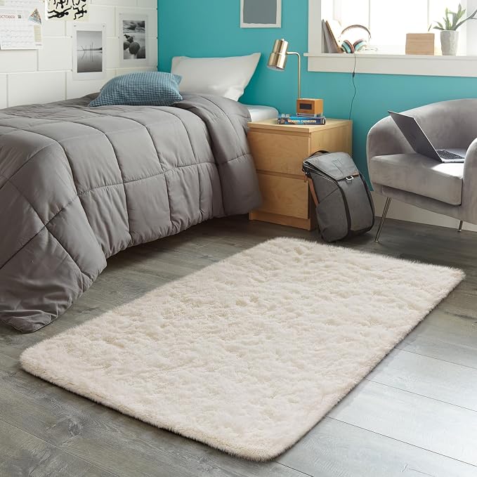 Ophanie 3x5 Rug, Bedside Preppy Dorm Area Rug, College Essentials Non Slip Ivory Small Carpets for Bedroom, Anti Slip Fluffy Living Room Rugs Home Decor Aesthetic, Nursery