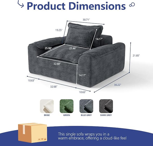 Hobestluk Cloud Single Sofa Memory Foam Couch with Deep Seat L Shaped Sofa with Removable Cover Large Couch for Living Room (Blue Grey, Single Sofa)