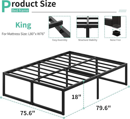 Lutown-Teen 18 Inch King Bed Frame Sturdy Mattress Foundation, Heavy Duty Metal Platform with Steel Slats Support No Box Spring Needed, Noise Free, Easy Assembly, Black