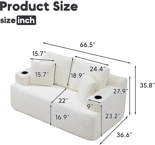 66.5'' Boneless Sofa Couch with Cup Holders & Side Pockets, Modern Corduroy Fabric Upholstered Loveseat Couch with 2 Throw Pillows for Living Room Office, No Assembly (Beige)