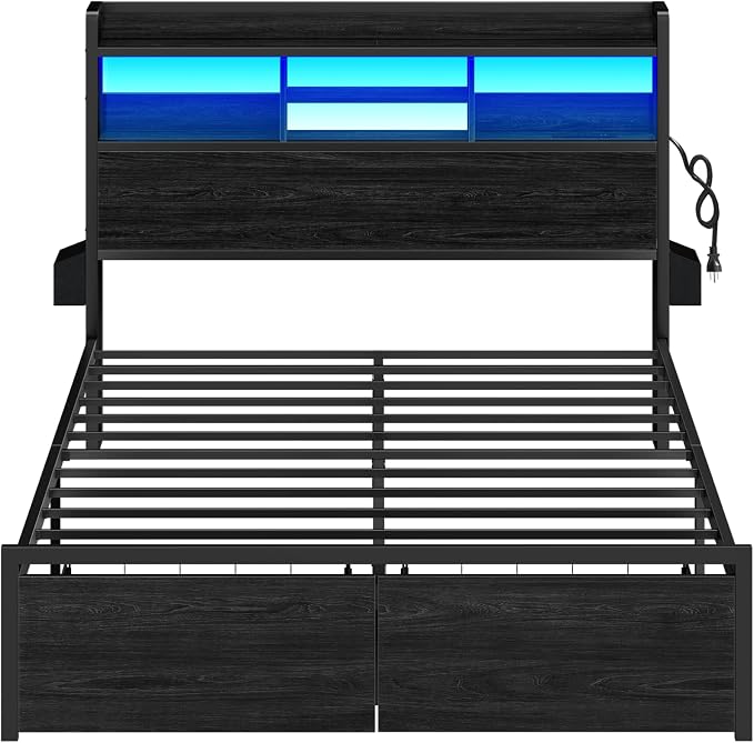 Furnulem Full Size Bed Frame with Wood Headboard, Metal Platform Bed Frame Full Size with 2 Storage Drawers and Shelf, LED Lights and Charging Station, No Box Spring Needed, Noise Free, Black