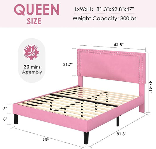 VECELO Queen Size Platform Bed Frame with Height Adjustable Upholstered Headboard, Modern Mattress Foundation,Strong Wood Slat Support, No Box Spring Needed, Easy Assembly,Pink