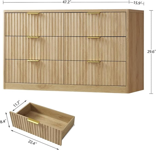TEENFON Fluted 6 Drawer Dresser for Bedroom, Wide Modern Chest of Drawers with Metal Handle, Curved Profile Design, Wood Closet Clothes Storage Organizer for Bedroom, Hallway, Natural