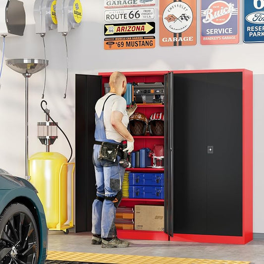 Metal Garage Storage Cabinets with Lock, 72" Tall Tool Cabinet with 2 Door and 4 Adjustable Shelves, Locking Garage Cabinets and Lockable Steel Locker for Home Office Warehouse-(Red Black-72”H)