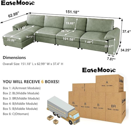 EASE MOOSE Oversized Modular Sectional Sofa,Leather Sectional Couch with Deep Seat,Extra Large L Shaped Couch,Classic Comfy Scratch Resistant Faux Leather Material Sofa for Living Room,Green