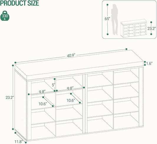 Hzuaneri Shoe Bench with Cushion, Entryway Storage Bench with 16 Cubbies, Cubby Shoe Rack with Adjustable Shelves, Shoe Organizer Cabinet for Living Room, Bedroom, Entryway, White SB25603GY